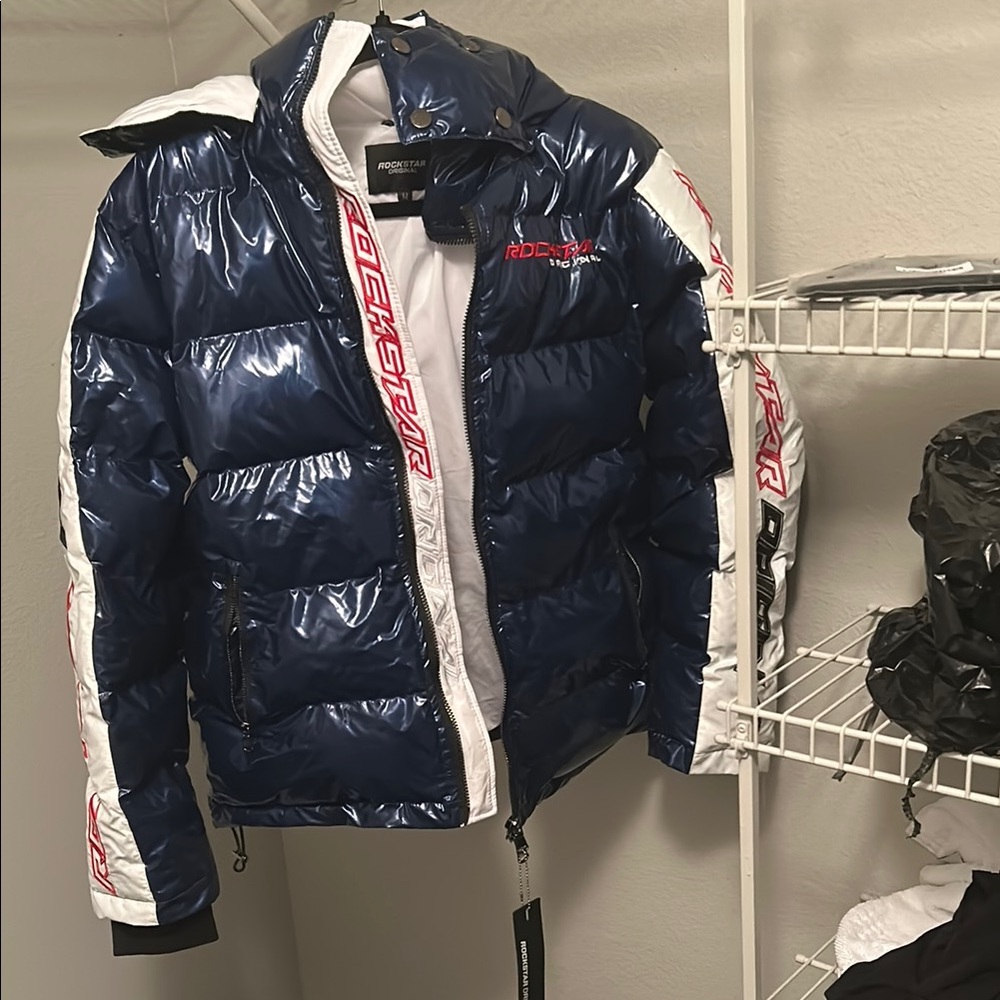 Blue and White Puffer Jacket with Water-Resistant Finish